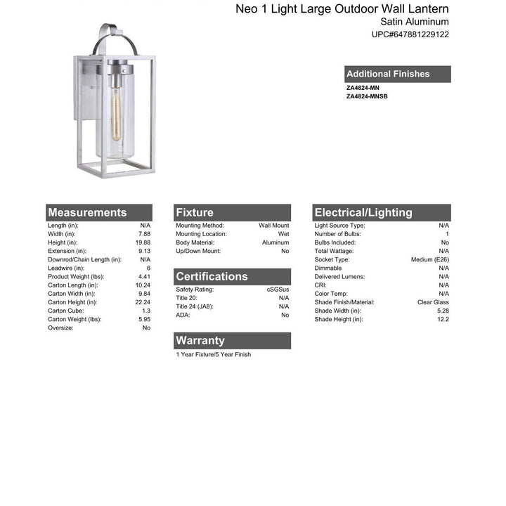 CRAFTMADE Neo 1 Light Large Outdoor Wall Lantern in Satin Aluminum