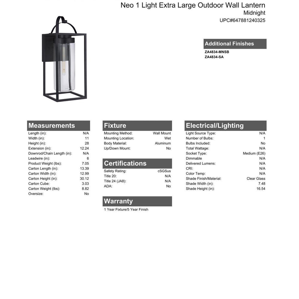 Neo 1 Light Extra Large Outdoor Wall Lantern in Midnight CRAFTMADE