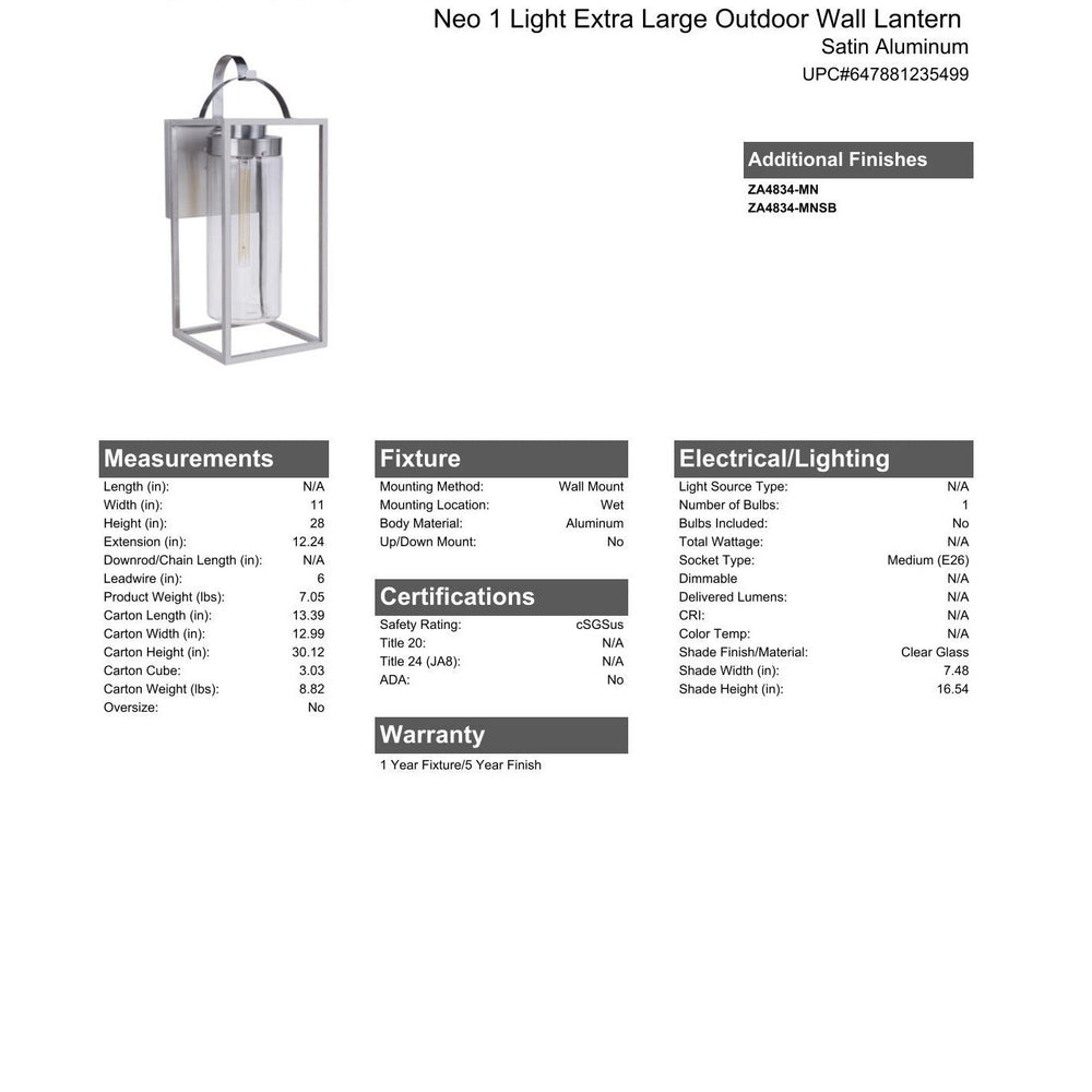 CRAFTMADE Neo 1 Light Extra Large Outdoor Wall Lantern in Satin Aluminum