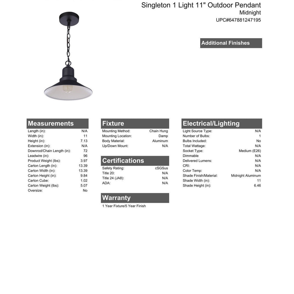 CRAFTMADE Singleton 1 Light 11" Outdoor Pendant in Midnight