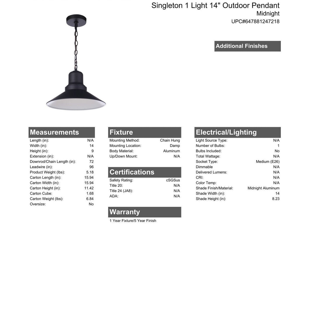 CRAFTMADE Singleton 1 Light 14" Outdoor Pendant in Midnight