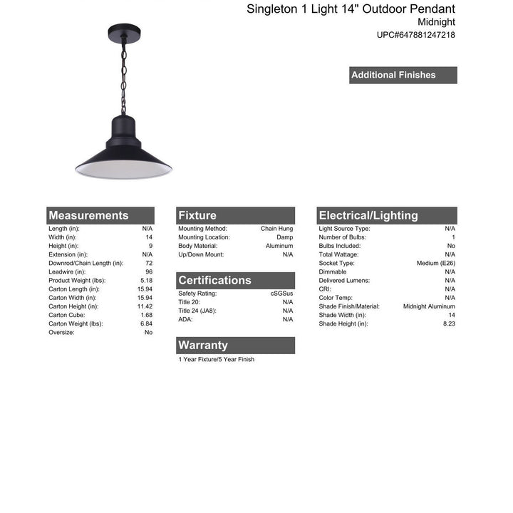 CRAFTMADE Singleton 1 Light 14" Outdoor Pendant in Midnight