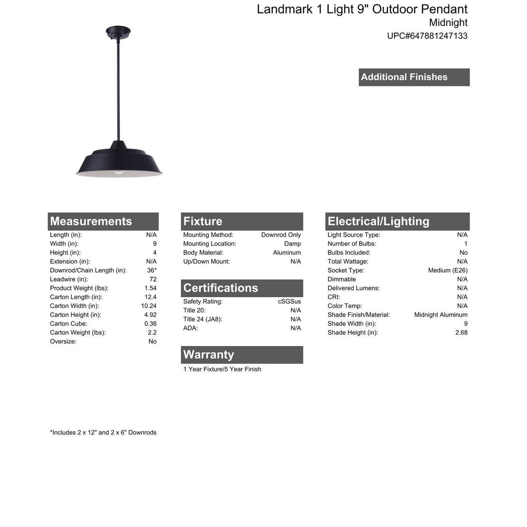 CRAFTMADE Landmark 1 Light 9" Outdoor Pendant in Midnight