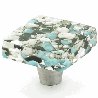 1 1/2 Inch Ice Green & Blue Pebbles Square Knob (Stainless Steel Finish)