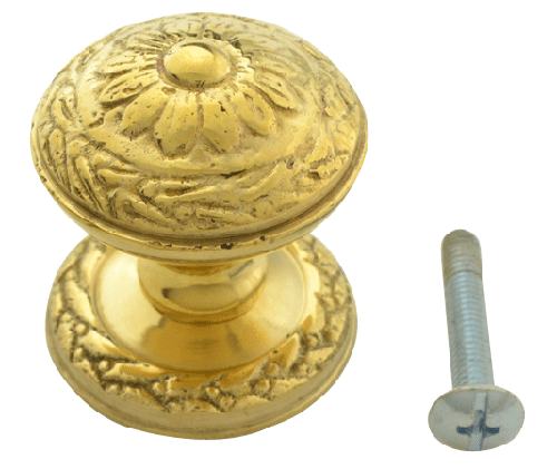 1 1/4 Inch Ornate Round Solid Brass Knob (Lacquered Brass Finish)