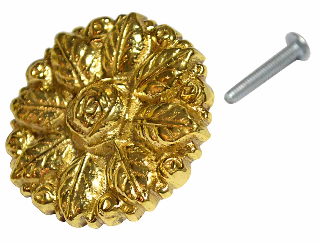 2 1/8 Inch Victorian Floral Rose Cabinet Knob (Polished Brass Finish)