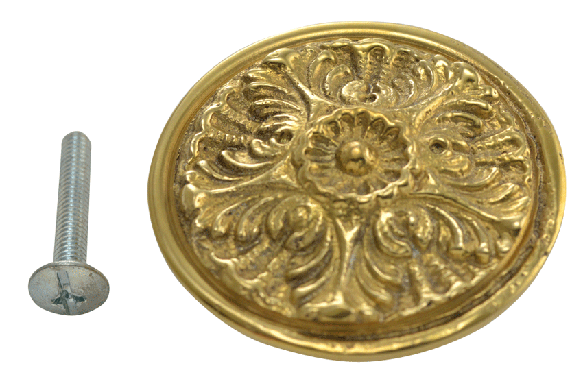 2 Inch Solid Brass Victorian Floral Knob (Lacquered Brass Finish)