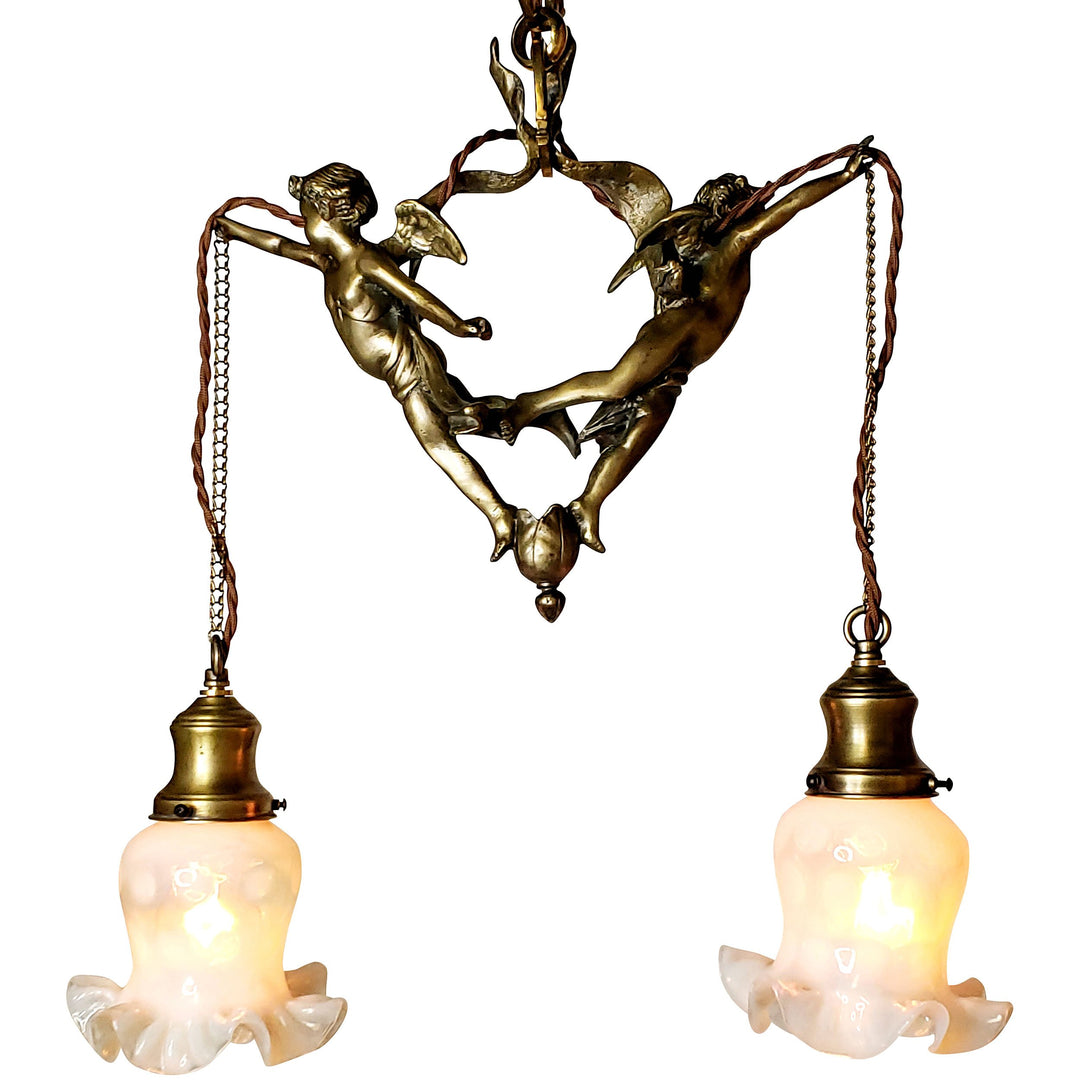 LUMEN ARIA 22 Inch Handmade Antique Cherub Two-Light Chandelier With Brass Chain