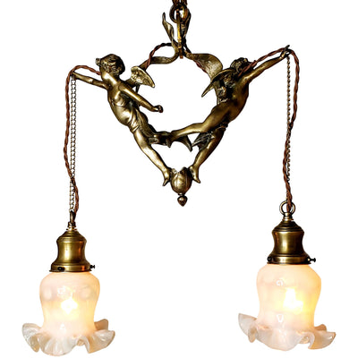 22 Inch Handmade Antique Cherub Two-Light Chandelier With Brass Chain