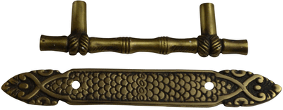 4 1/2 Inch Overall (3 Inch c-c) Bamboo Cabinet Pull & Back Plate (Antique Brass Finish)