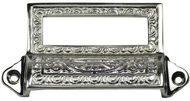 4 1/8 Inch Overall (3 1/2 Inch c.c.) Solid Brass Victorian Label Style Bin Pull (Polished Chrome Finish)
