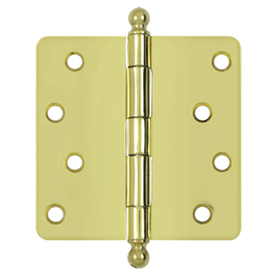 4 Inch x 4 Inch Ball Tip Steel Hinge (1/4 Radius Corner, Polished Brass Finish)