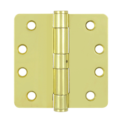 4 Inch x 4 Inch Non-Removable Pin Steel Hinge (1/4 Radius Corner, Polished Brass Finish)
