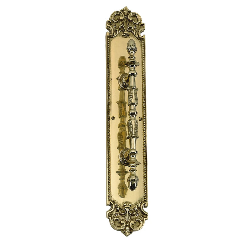 18 Inch Solid Brass Traditional Fleur-De-Lis Door Pull & Plate Set (Antique Brass Finish)