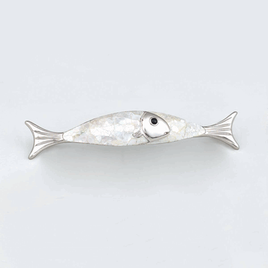 5 7/8 Inch (4 1/2 Inch c-c) Symphony Inlays Mother of Pearl Fish Pull (Polished Nickel Finish)