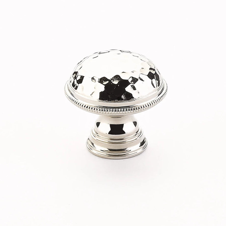 1 1/4 Inch Atherton Hammered Round Knob with Knurled Edges (Polished Nickel Finish)