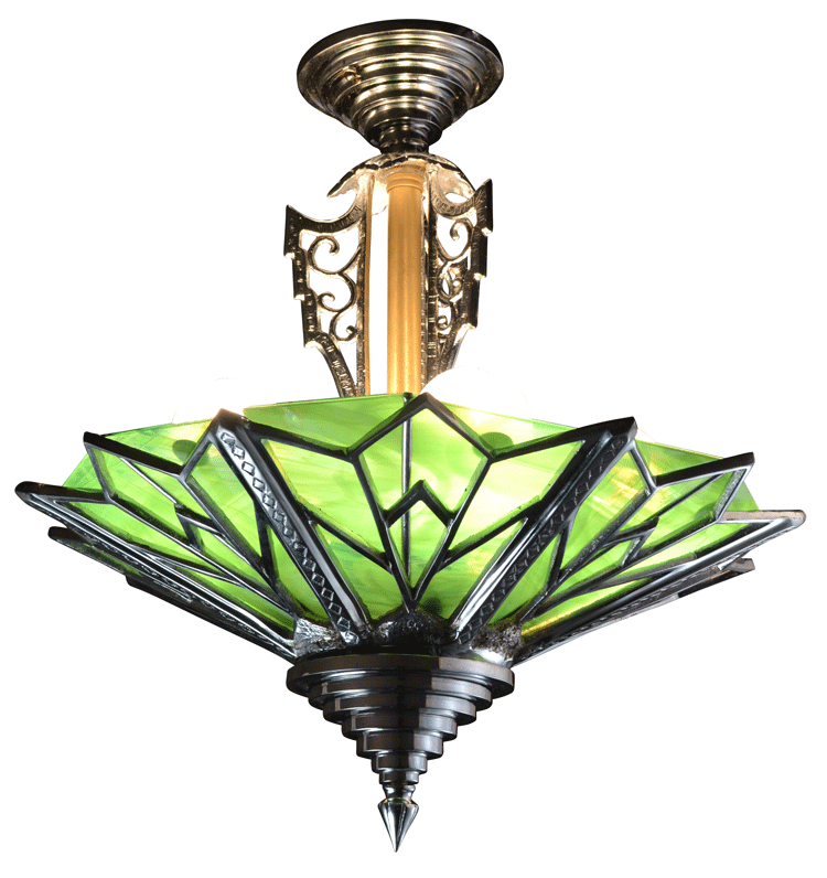 17 Inch Classic Art Deco Close Ceiling Light Deco Green Glass (Several Finishes Available)