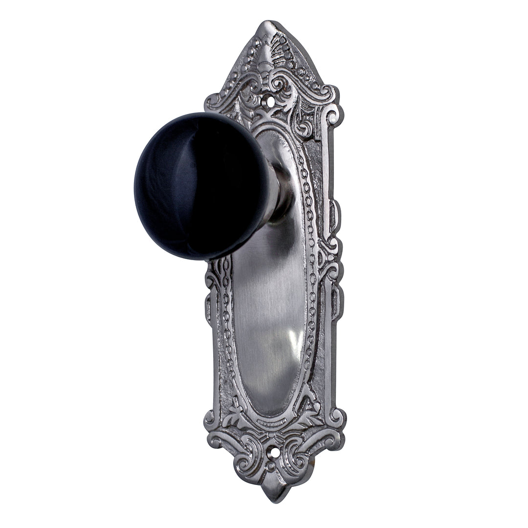 Black Genuine Porcelain Doorknobs with Ornate Victorian Back Plate COPPER MOUNTAIN HARDWARE