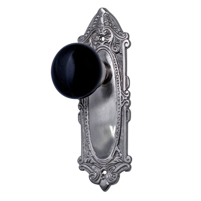 Black Genuine Porcelain Doorknobs with Ornate Victorian Back Plate