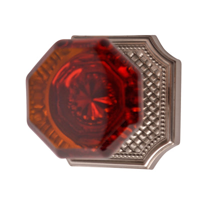 Amber Octagon Crystal Door Knob Set with Brushed Nickel Vintage Square Plate