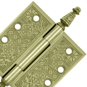 4 X 4 Inch Solid Brass Ornate Finial Style Hinge (Unlacquered Brass Finish)