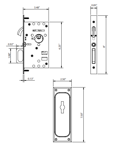 Solid Brass Privacy Pocket Door Mortise Lock (Several Finishes Available)