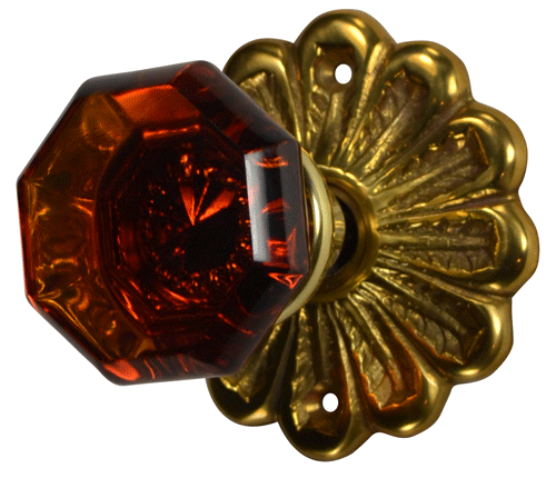 Flower Rosette Crystal Octagon Amber Glass Door Knob Set