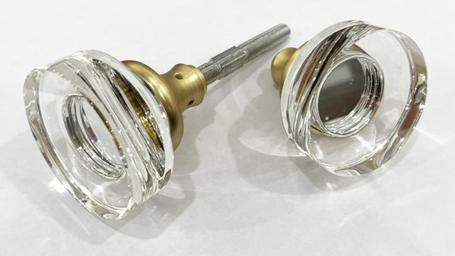 Modern Crystal Disc Door Knobs in Satin Brass Finish - Spare Set with Spindle