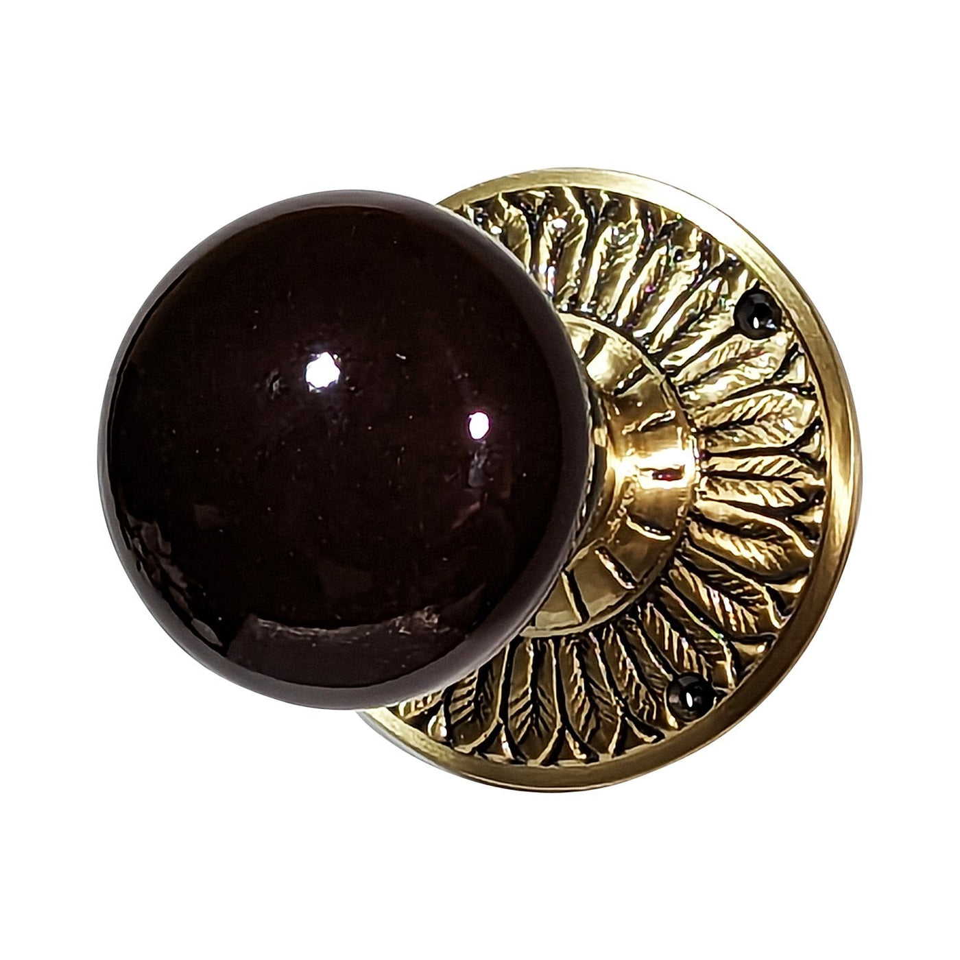 Brown Porcelain Door Knob with Brass Feathers Rosette