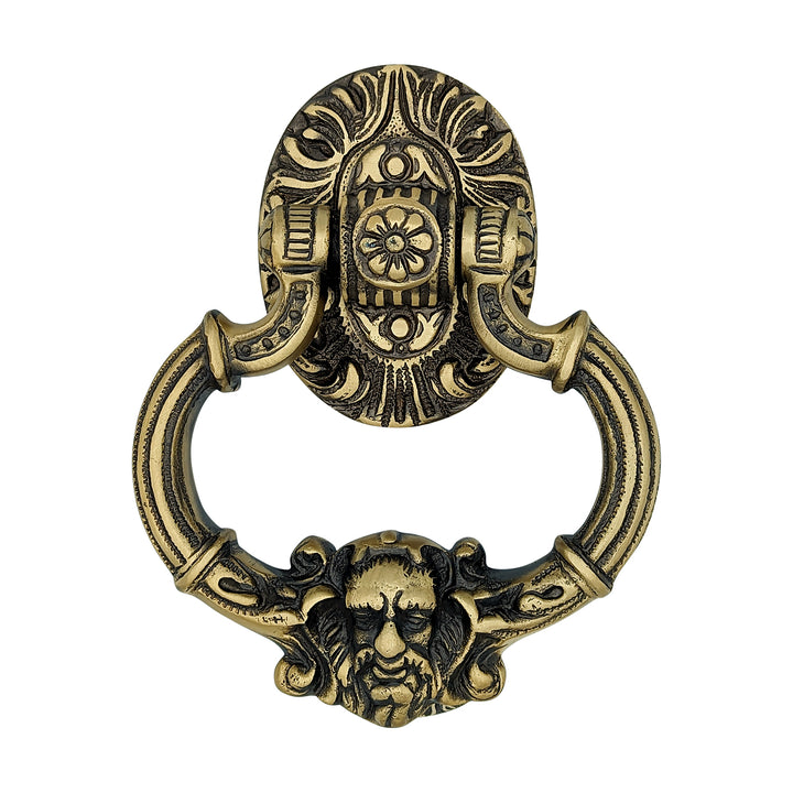 COPPER MOUNTAIN HARDWARE 7 Inch (3 3/8 Inch c-c) Neptune Door Knocker in Solid Brass (Antique Brass Finish)