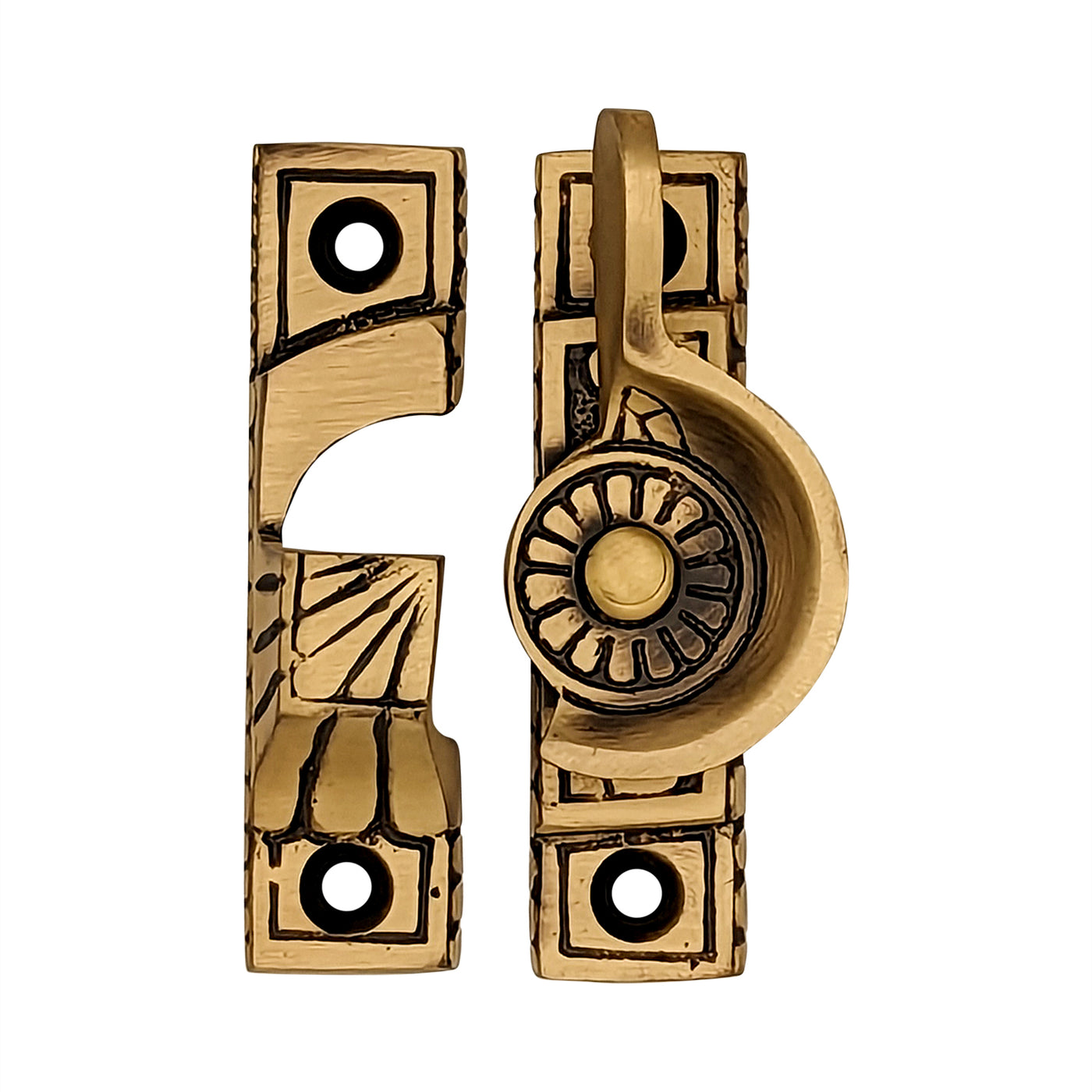 Solid Brass Art Deco Style Window Sash Lock (Antique Brass Finish)