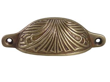 4 Inch Overall (3 2/5 Inch c-c) Solid Brass Art Deco Bin or Cup Pull (Antique Brass Finish)