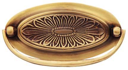 4 1/2 Inch Overall (3 3/4 Inch c-c) Solid Brass Oval Drop Style Pull (Antique Brass Finish)