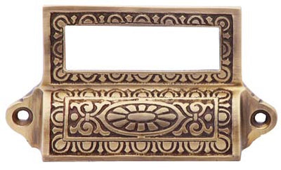 4 1/8 Inch Overall (3 1/2 Inch c-c) Solid Brass Victorian Label Style Bin Pull (Antique Brass Finish)