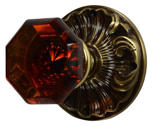 Octagon Amber Glass Knob with Romanesque Rosette