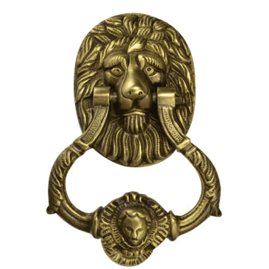 Lion Door Knocker 4 3/4 Inch (3 3/4 Inch c-c) in Solid Brass (Antique Brass Finish)