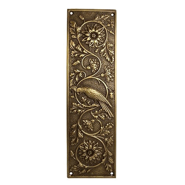 COPPER MOUNTAIN HARDWARE 11 1/4 Inch Cockateel Bird and Flower Push Plate Antique Brass Finish