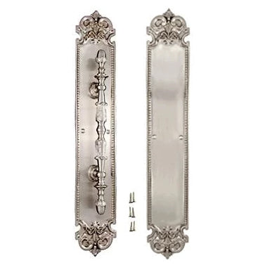 18 Inch Solid Brass Traditional Fleur-De-Lis Door Pull & Push Plate Set (Brushed Nickel Finish)