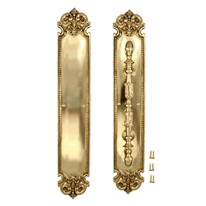 18 Inch Solid Brass Traditional Fleur-De-Lis Door Pull & Push Plate Set (Polished Brass Finish)