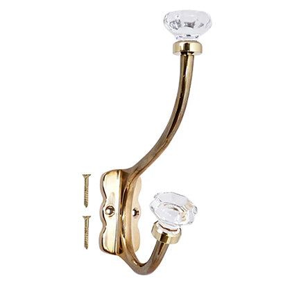 7 Inch Solid Brass Coat Hook & Octagonal Clear Glass Knobs (Polished Brass Finish)