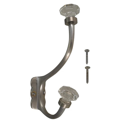 7 Inch Solid Brass Coat Hook & Octagonal Clear Glass Knobs (Brushed Nickel Finish)