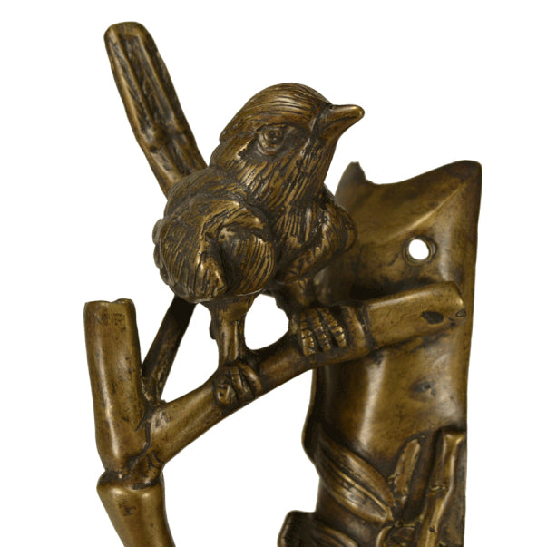 9 1/2 Inch Solid Brass Bamboo and Wren Bird Pull (Right Facing, Antique Brass Finish)