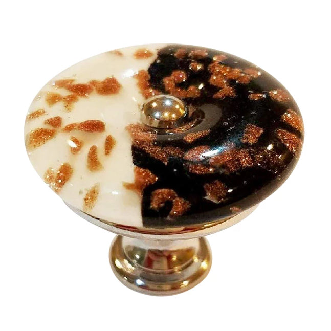 1 3/8 Inch Black and White Copper Speckled Glass Cabinet and Furniture Knob (Polished Chrome Finish)