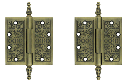 4 1/2 X 4 1/2 Inch Solid Brass Ornate Finial Style Hinge (Antique Brass Finish)