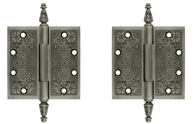 4 1/2 X 4 1/2 Inch Solid Brass Ornate Finial Style Hinge (Antique Nickel Finish)
