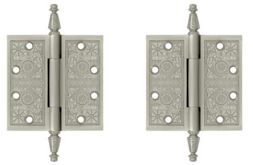 4 1/2 X 4 1/2 Inch Solid Brass Ornate Finial Style Hinge (Brushed Nickel Finish)