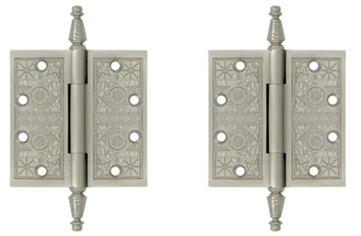 4 1/2 X 4 1/2 Inch Solid Brass Ornate Finial Style Hinge (Brushed Nickel Finish)