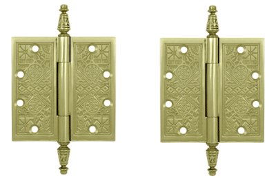 4 1/2 X 4 1/2 Inch Solid Brass Ornate Finial Style Hinge (Unlacquered Brass Finish)