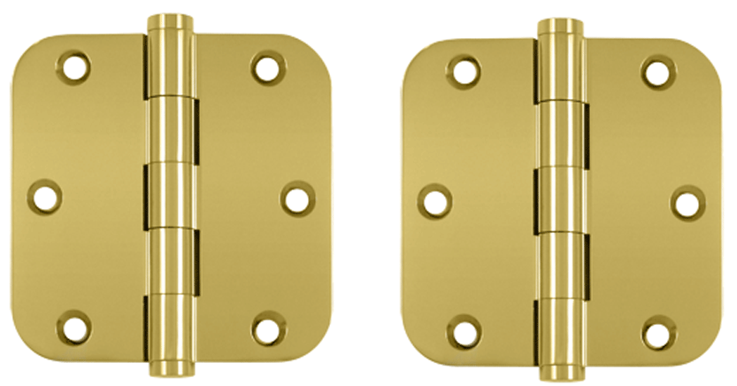 Pair 3 1/2 Inch X 3 1/2 Inch Solid Brass Hinge Interchangeable Finials (5/8 Radius Corner, PVD Polished Brass Finish)