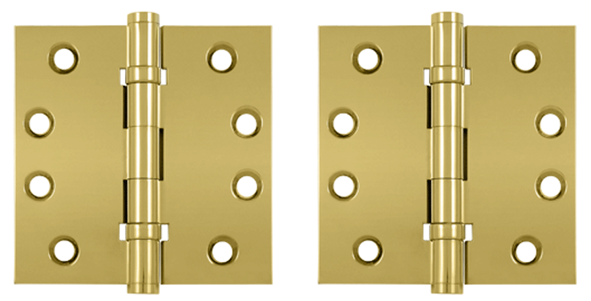 Pair 4 Inch X 4 Inch Double Ball Bearing Hinge Interchangeable Finials (Square Corner, PVD Polished Brass Finish)